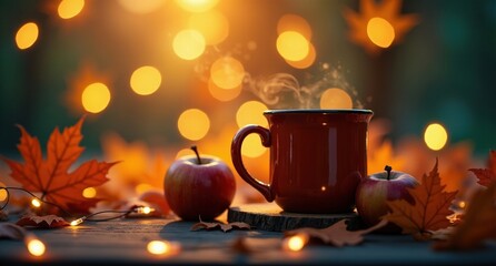 Fototapeta premium Cider Mug (Autumn) – A mug of warm apple cider, often spiced. A steaming mug of warm apple cider, resting on a rustic wooden table, with cinnamon sticks and autumn leaves around it.