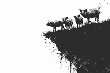 Group of pigs are walking on a hill. There are four pigs in the foreground and three in the background. flat vector illustration