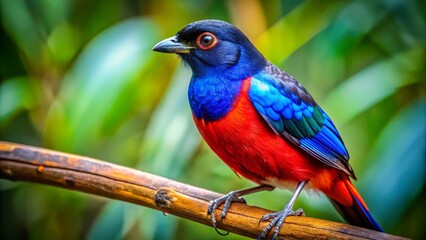 Obraz premium Exotic Bird Photography: Vibrant Blue, Red, Black Bird on Branch - Eye Level Shot