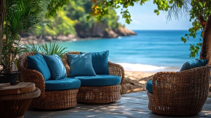 Obraz premium cushion on chair or sofa lounge surrounding patio with view of the sea beach and ocea