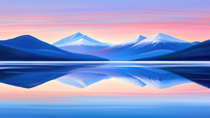 A landscape of snow-capped mountain by a calm lake in the sunset
