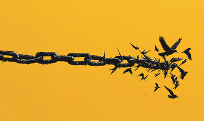 Chains Breaking into Flight: Symbolic Artwork of Birds Escaping Bondage Against a Vibrant Orange Canvas