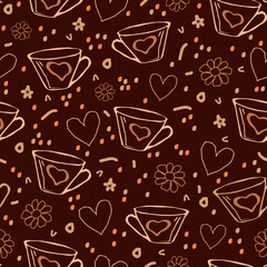 Seamless pattern on the theme of coffee and food with cups and hearts in hand-drawn vintage style on a dark background, can be used for packaging, holiday cards, websites, textiles