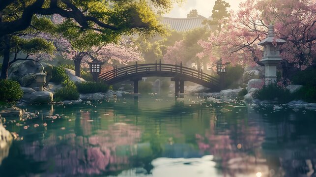 A tranquil Japanese garden with a red bridge, reflective koi pond, and vibrant greenery under soft golden light, creating a peaceful retreat. - Powered by Adobe