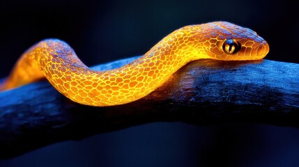 Fototapeta premium Vibrant Yellow Orange Snake on a Branch Under Warm Light Conditions