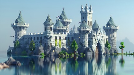 Obraz premium A fantasy-themed 3D low-poly castle with detailed turrets and a surrounding moat