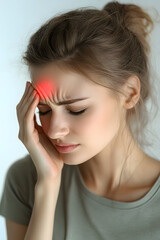 Fototapeta premium woman experiencing head pain, holding her temples in discomfort