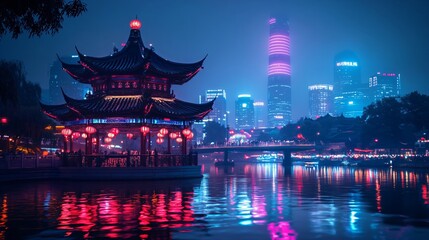 Fototapeta premium Traditional Chinese pagoda by serene lake at dusk. Asian architecture with city skyline at night. Cultural heritage for travel, tourism, and Lunar New Year celebration