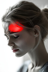 woman with headache, showing discomfort and pain on her forehead