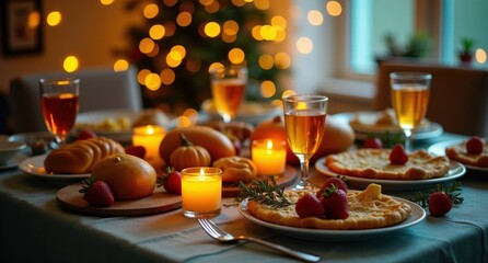  A lavish feast table laden with delicious foods and drinks, surrounded by party lights and golden fireflies, set in a yellow and gray color scheme with vibrant, high-quality 4k details.
