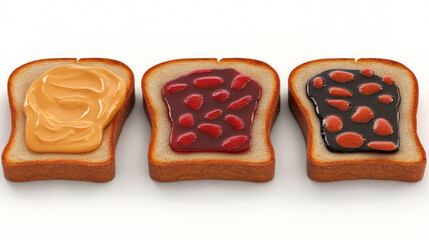 Square slices of bread for sandwich or toast with peanut butter or margarine, jam or marmalade 3D isolated vector set realistic illustration, top view, traditional breakfast food on white background.