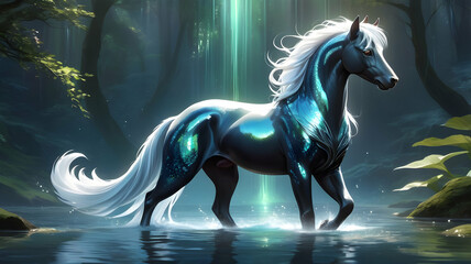 Majestic metallic horse with flowing white mane and tail, standing in a mystical forest stream, illuminated by ethereal light.