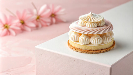 Naklejka premium Delicious layered cake with cream and decorative toppings on pastel background