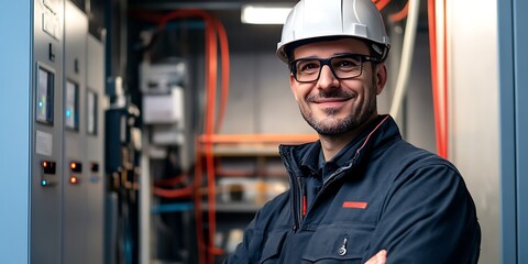 Electrician standing confidently in an industrial workshop, smiling portrait shot