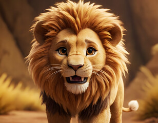 portrait of a cute hairy lion in the forest cartoon style 3d illustration