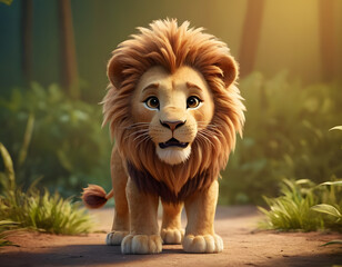 portrait of a cute hairy lion in the forest cartoon style 3d illustration