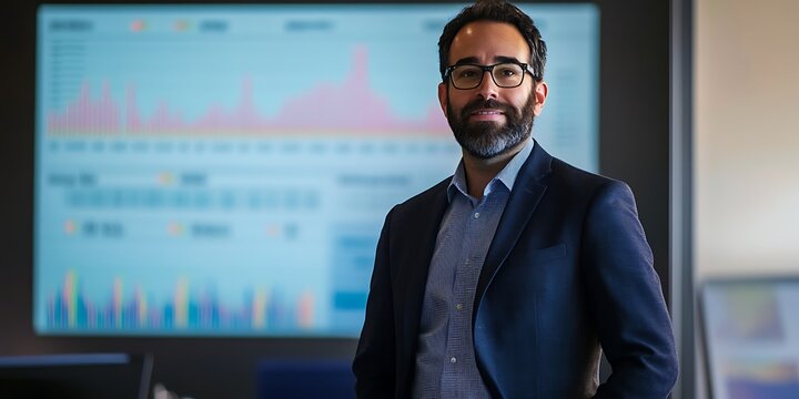 Portrait of a male financial advisor standing confidently in front of an investment portfolio chart, smiling, portrait shot, standing,