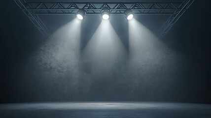 A stage with spotlights, vector illustration. A spotlight shines down from the top of three LED light bulbs on an iron truss system onto the floor. The background is gray and hazy.