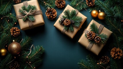 gift boxes with christmas decoration background top view with copy space