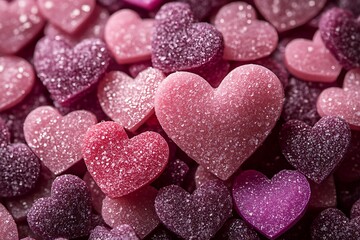 Obraz premium Assorted tasty gummy candies. Love chocolate pattern, Pink jelly sweets background.