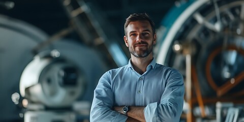 Portrait of an astronomer standing confidently in a research observatory