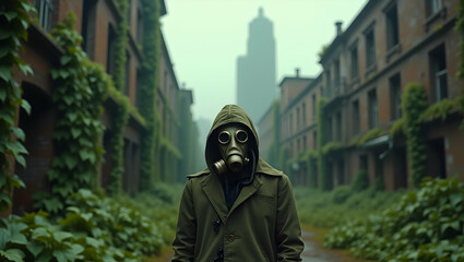 Person in gas mask standing in overgrown abandoned city street.
