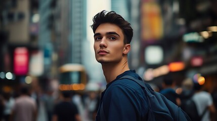 Fototapeta premium Young man with a cool attitude, posing on a busy city street during rush hour with copy space