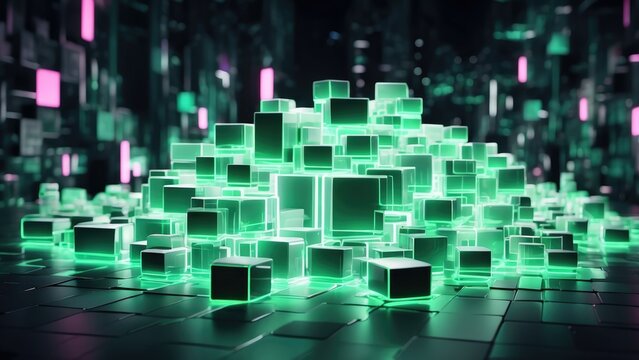 A vibrant, abstract representation of a cityscape made up of illuminated geometric blocks