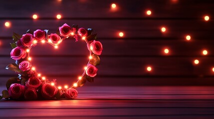 Heart-shaped rose lights on wooden background.