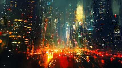 Fototapeta premium Futuristic city at night, vibrant lights, rain.