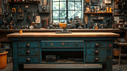in a craftsman s workshop a mechanic bench vice rests on a wooden workbench a background of tools on a blurry wall clear out advertising space to hang items and product