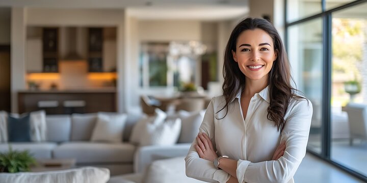 Portrait of a female real estate agent standing in a luxury home, smiling