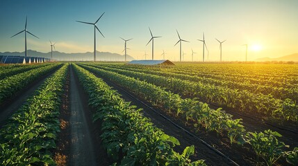Wind turbines in a field at sunset.