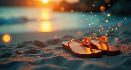 Bright yellow and gray flip-flops resting on the sand with teal lighting, surrounded by golden fireflies, evoking a carefree, beach holiday vibe in HD quality.