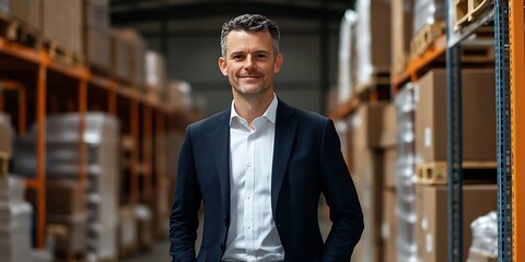 Portrait of male operations director in warehouse, overseeing logistics, smiling, portrait shot