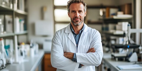 Portrait of a male researcher standing confidently in a lab, preparing for an experiment