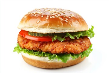 A chicken sandwich on a white background
