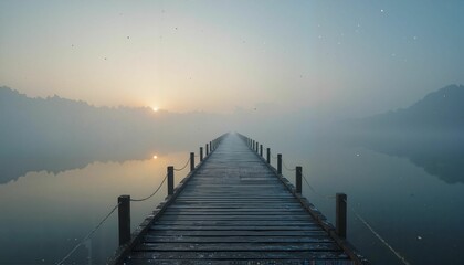 Fototapeta premium Serene Wooden Pier in Morning Mist with Mountain Vista