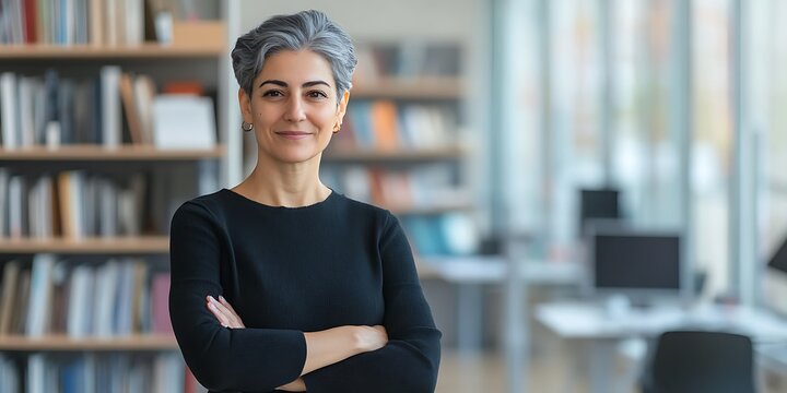 Female sociologist standing confidently in a research office, working on community focused studies and research
