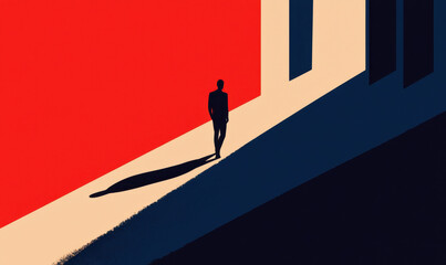 Evocative Exploration of Solitude and Shadow in a Bold Minimalist Silhouette Against Vivid Red and Stark Contrast