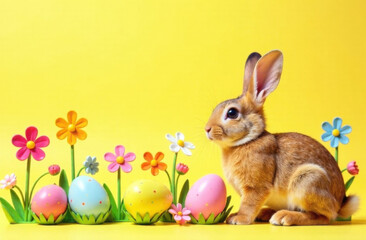 Cute bunny with easter eggs and flowers on a uniform yellow background. Easter party concept.