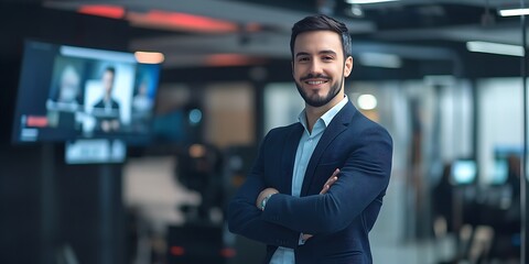 Fototapeta premium Journalist confidently standing in a news room, smiling with copy space