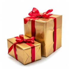Obraz premium Two golden gift boxes with red ribbons are lying on a white background