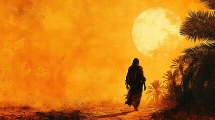 parable of the prodigal son silhouette of a man walking in the desert with palm trees