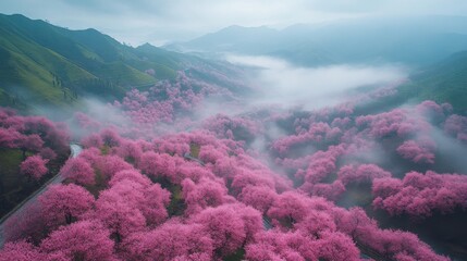 Scenic view of pink blossom trees on a calm mountain landscape