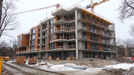 Construction site with crane and half-built structure under cloudy sky