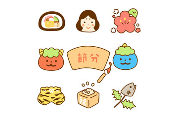 節分の日のかわいいイラストセット＿線画あり