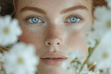 Close-up portrait of a young woman with freckles and blue eyes, surrounded by white flowers.