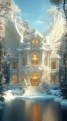 Fantasy palace surrounded by glowing golden light and surreal clouds