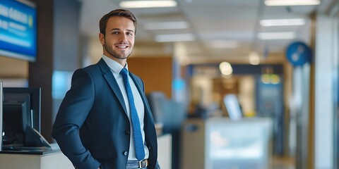 Portrait of a bank teller standing confidently in a bank setting